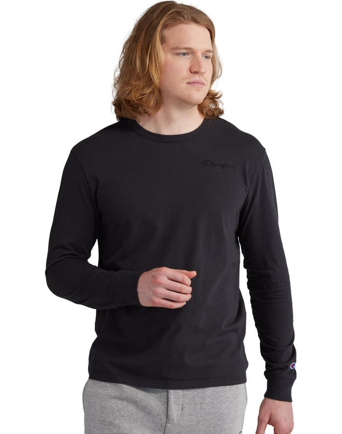 Champion Herre T-Shirts Sort - Lightweight Long-Sleeve Embroidered Logo - Danmark QHW-013762